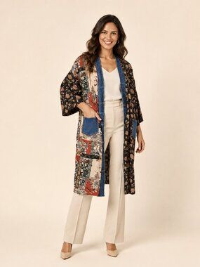 Shannon Passero Janis Patchwork Denim-Trim Long Cardigan One Size